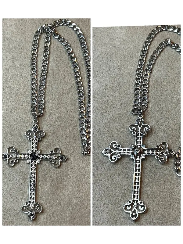 Goth Rhinestone Cross Curb Chain Necklace Silver - Image 5