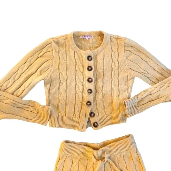 Cropped Ribbed Sweater Set Cardigan Flare Pant Sz M - Image 4
