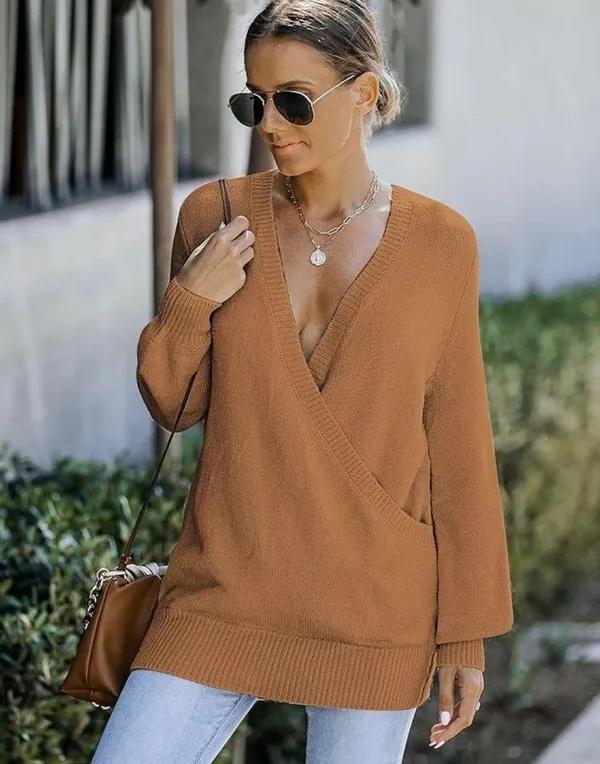 Amazon Women's Knit Long Sleeve Faux Wrap Surplice V Neck Sweater Top - Image 3