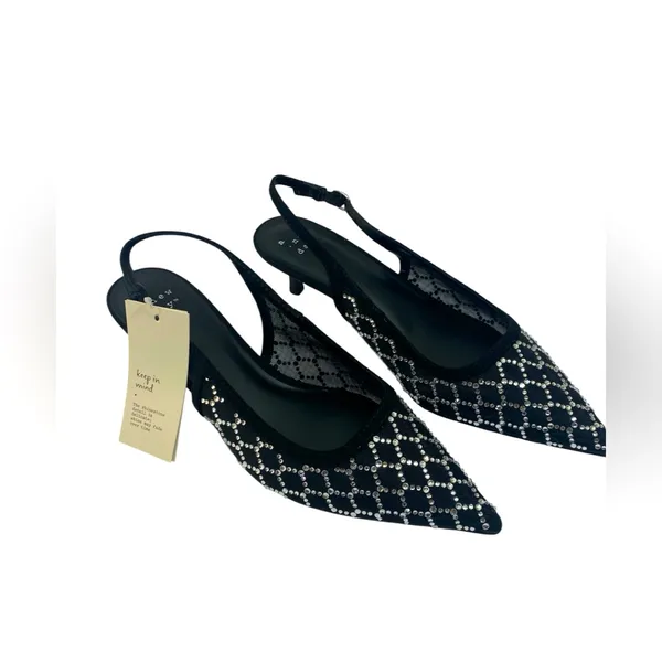 A New Day 6.5 Rhinestone Sexy Slingback Black Mesh Pointed Toe Heels Wedding - Image 2