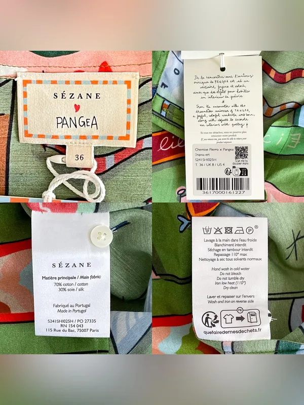 Sézane x Pangea Pierro Shirt Flag Print Green 36 NWT - Image 6