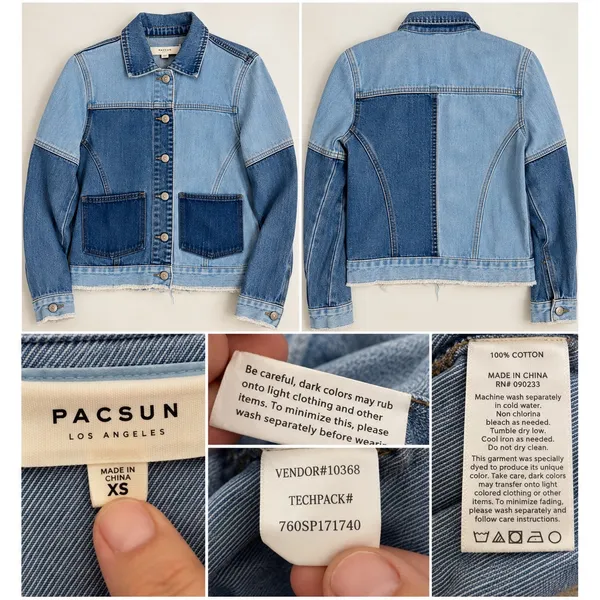 PacSun Womens XS Two-Tone Patchwork Denim Jacket Frayed Hem Blue Cotton Trucker - Image 7