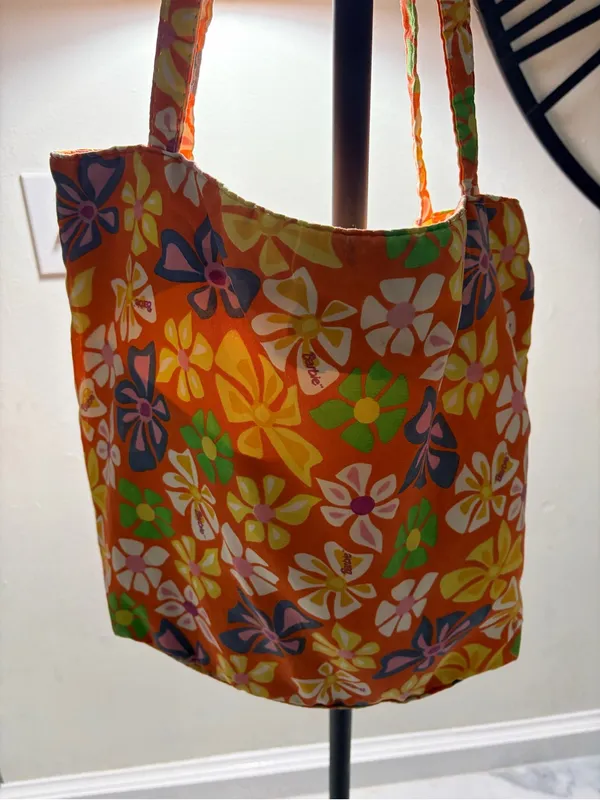 Handmade Barbie Floral Orange Canvas Tote - Colorful Summer Print - Image 4
