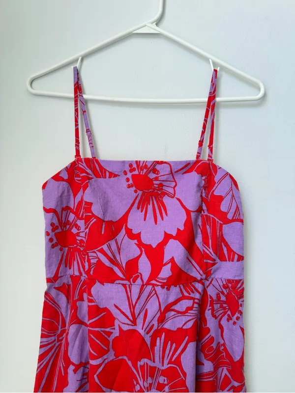Gap Linen-Blend Midi Dress in Purple Lilac and Red Coral Floral Size Small Tall - Image 4