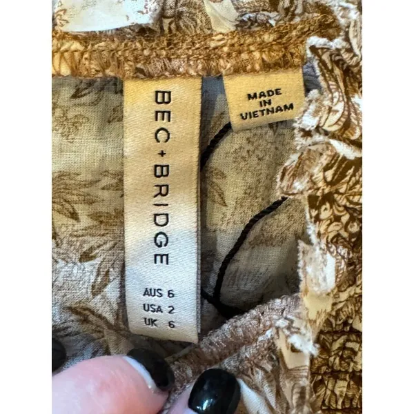 Bec + Bridge Brown And Ivory Cotton Smocked Toile Print Gloria Mini Dress Size 2 - Image 12