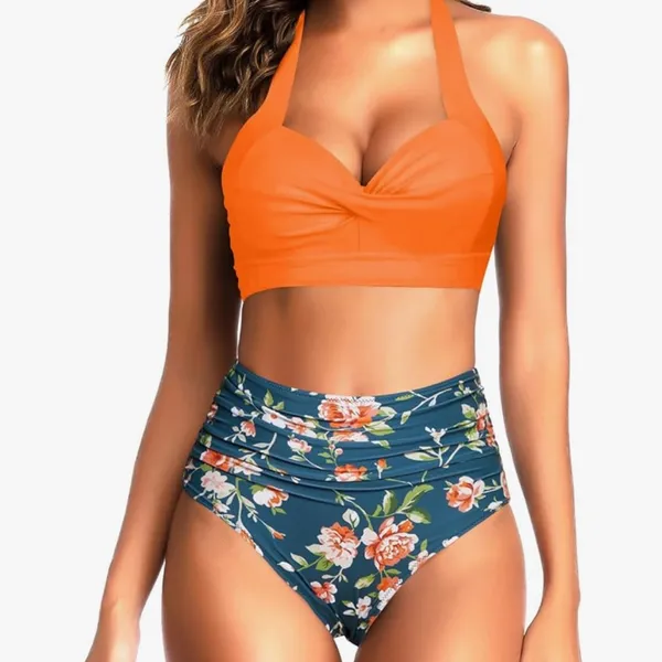 Cupshe Orange and Floral Two-Piece Swimsuit Med - Image 2