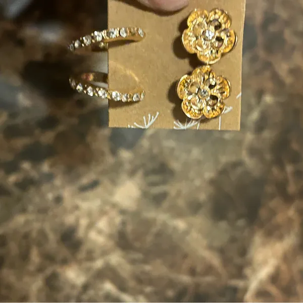 Gold tone Flower Earrings with rhinestone accents set of two pairs - Image 4