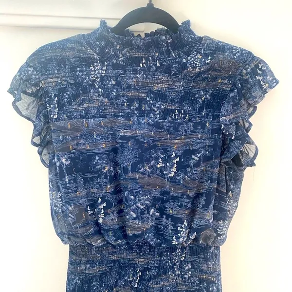 AQUA Smocked Mock Neck Mini Dress M Blue Smocked Tiered Ruffle Fairy Whimsigoth - Image 5