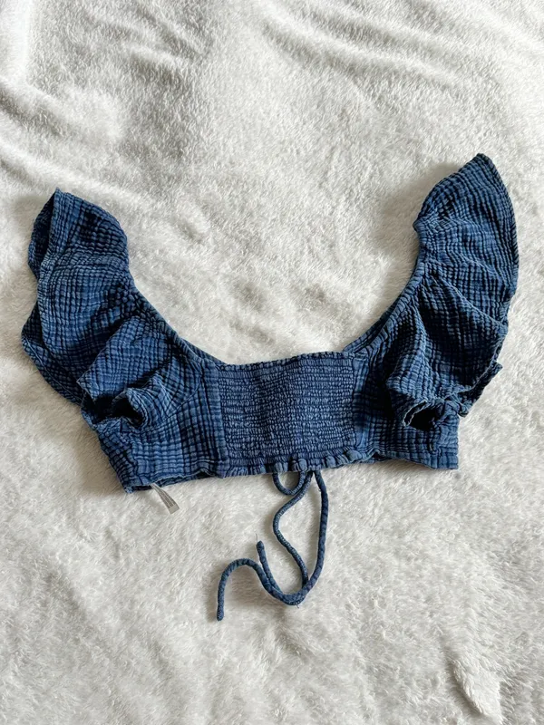 Anthropologie Daily Practice Blue Smocked Tie Front Crop Top M - Image 7