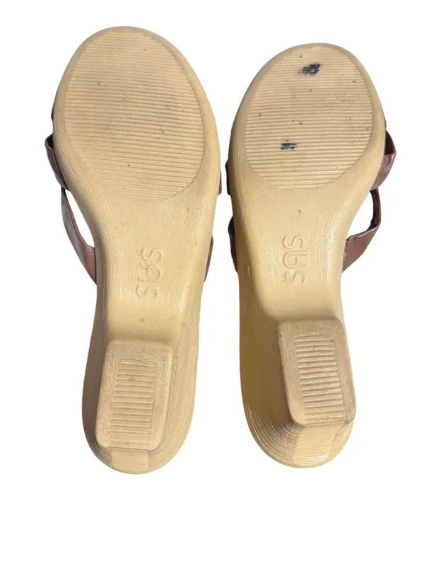 SAS Brown Leather Wedge Sandals Shoes Rubber 2.5" Heel Strappy Knot 249070 Sz 8 - Image 5