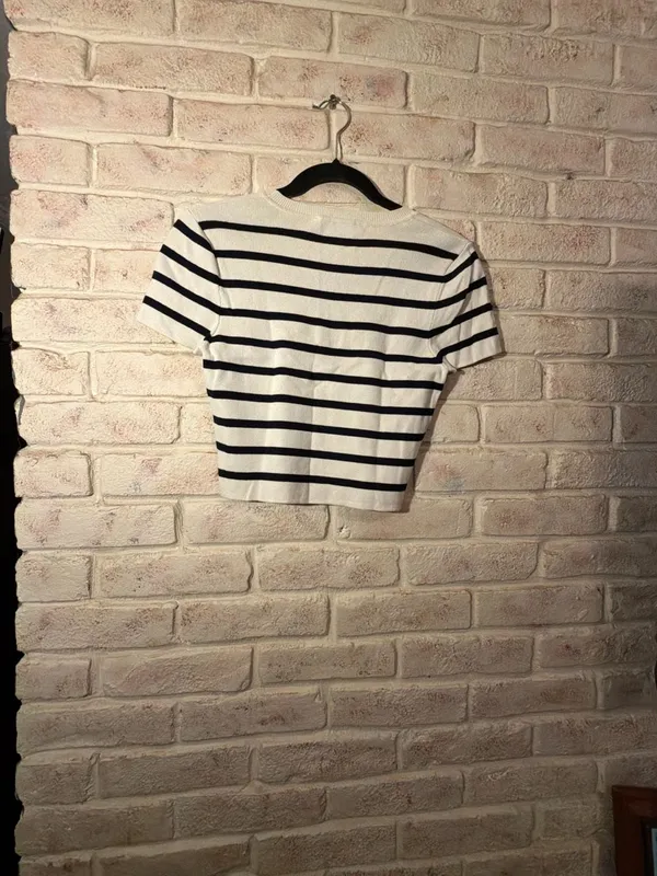 Zara Black and White Striped Ribbed Knit Short Sleeve Crop Top Size L - Image 3