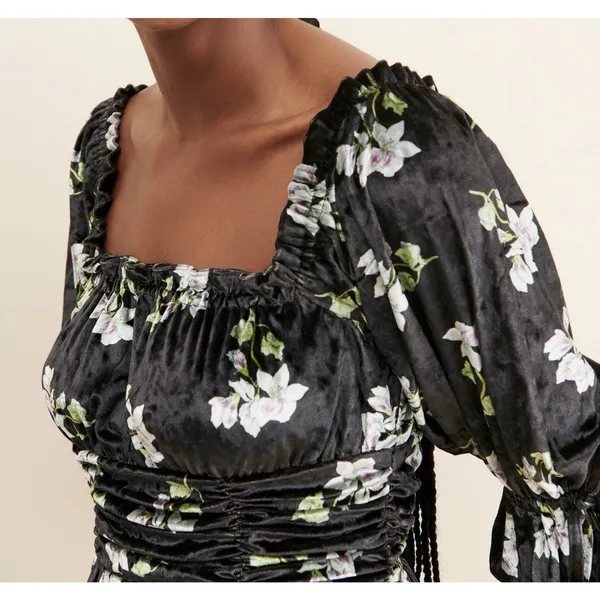 Hutch Velvet Floral Mini Dress Smocked Black Size Large Romantic Milkmaid - Image 3