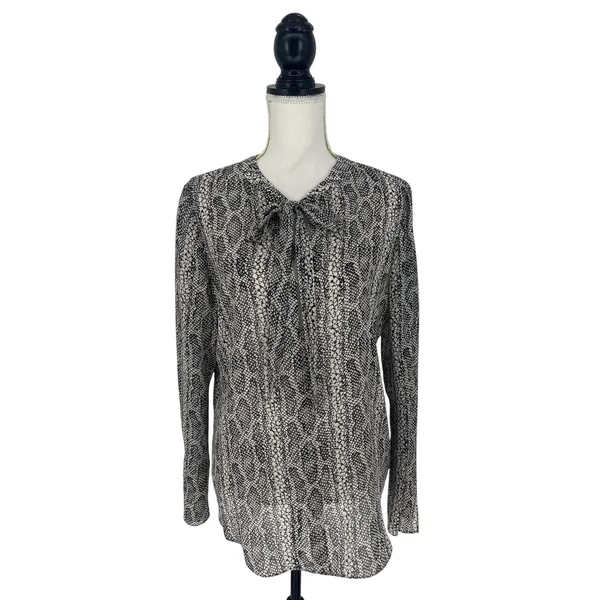 Theory Kinarys Black White Snake Print Silk‎ Tie Neck Blouse Size M - Image 2