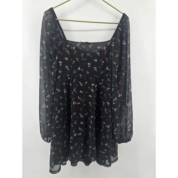 ASOS DESIGN Mini Dress Womens 12 Milkmaid‎ Mesh Sleeve Black Floral EUC - Image 3