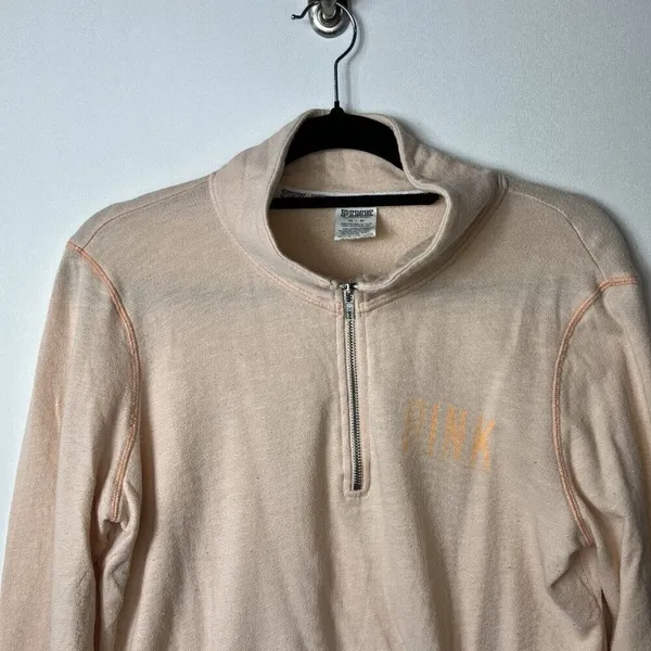 Pink by Victoria Secret Peach 1/4 Zip Fleece Pullover Sweater Women’s Size M‎ - Image 2