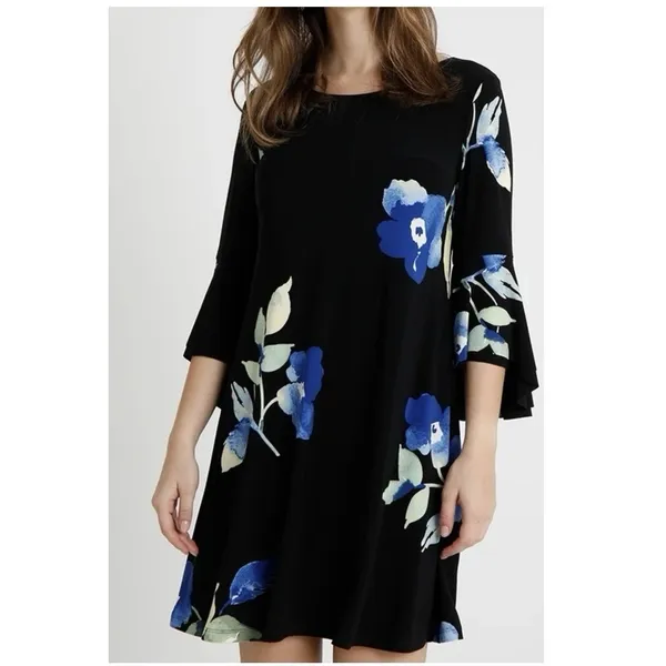 Ralph Lauren Blue Floral Bell‎ Sleeve Stretch Jersey Shift Dress Size 14 - Image 2