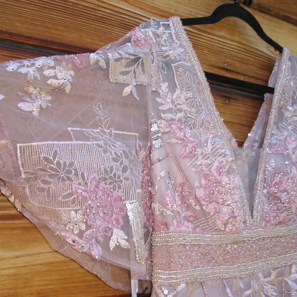 Mac Duggal Size 18 Pink Embroidered Floral V Neck Maxi Dress Gown - Image 9