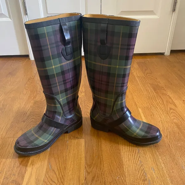 LL Bean Wellie Rain Boots Women 7 Purple Green Plaid Buckle Tall Preppy Heritage - Image 3