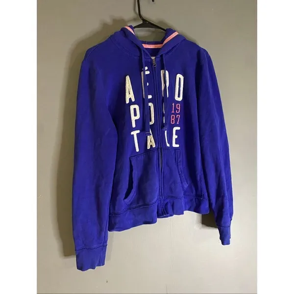 Aeropostale 87 Womens Hoodie Sweatshirt Blue Drawstring Pockets V Neck XL - Image 2