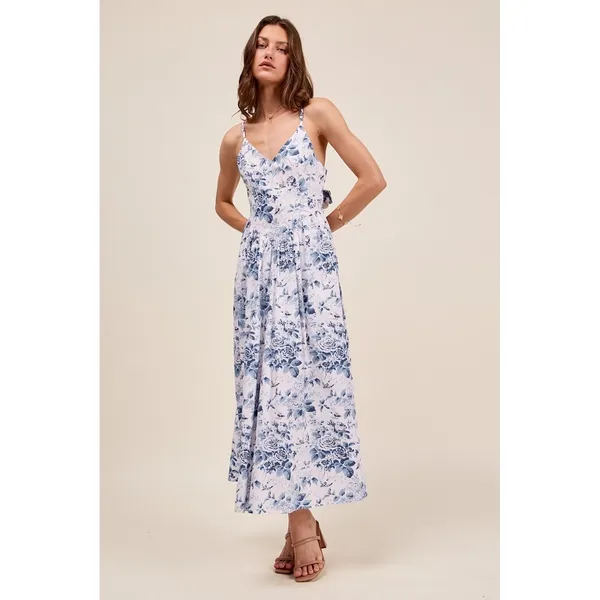 SO ME Floral Woven V Neck Dress With‎ Back Ribbon Tie - Medium - Image 4