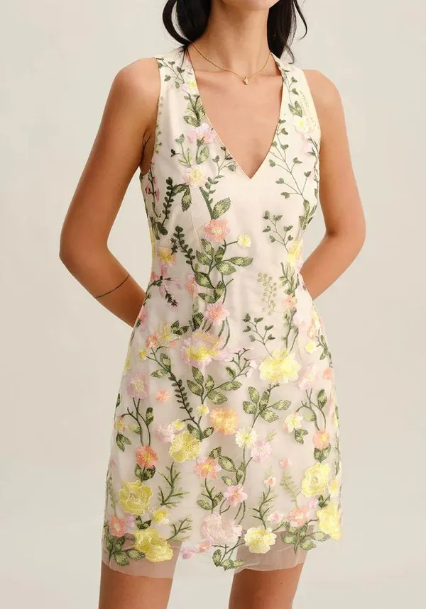 Rihoas Yellow V Neck Floral Sleeveless Mini Dress - Image 4