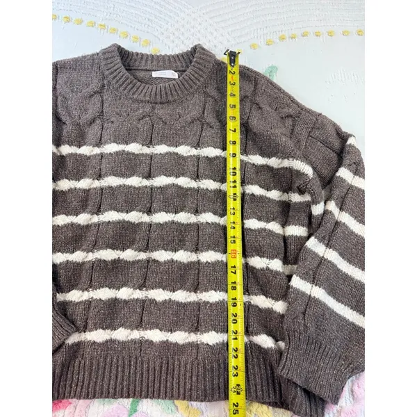 LC Lauren Conrad Brown Cream Striped Cable Knit Sweater‎ XXL Pullover Crew Neck - Image 3