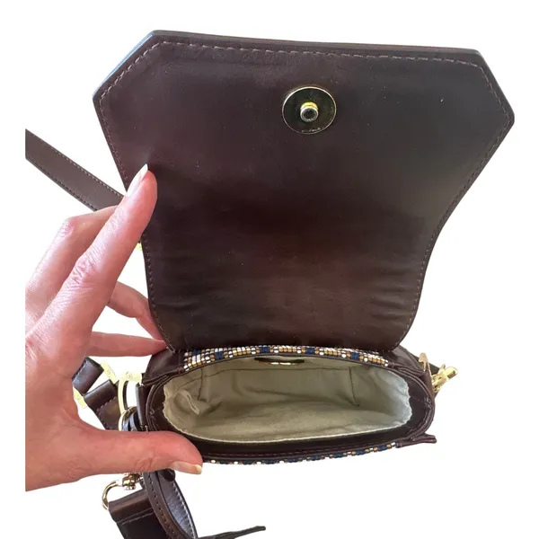 Tory Burch Mini Crossbody‎ Navy Brown Logo Jacquard Lock Bag - Image 6