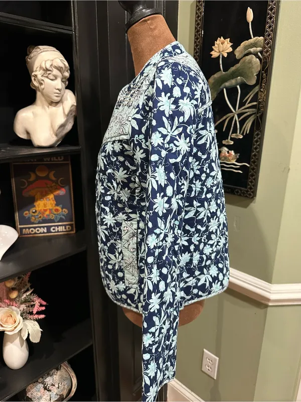 Anthropologie Leifsdottir Blue Floral Quilted Boho Jacket – Size 8 - Image 7