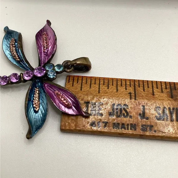 Vintage fairy cottagecore Dragonfly pendant with purple and teal rhinestones. - Image 9