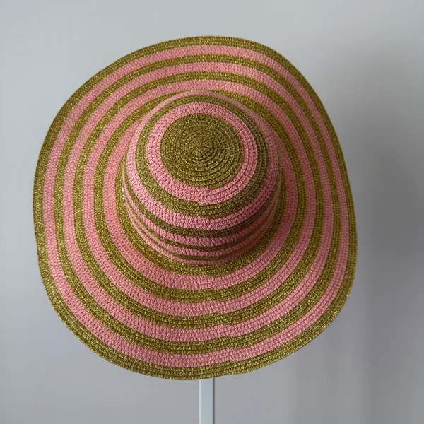 Juicy Couture‎ OS Pink Gold Stripe Straw Sun Hat Wide Brim Metallic Logo Beach - Image 4