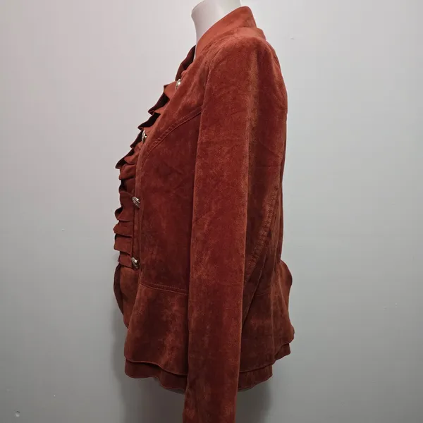 Dressbarn Jacket XL Rust Orange Faux Suede Ruffle Military Victorian Steampunk - Image 3