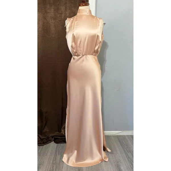 New Lulus Maxi Dress S Champagne Satin Mock Neck Sleeveless Side Slit Prom Gala‎ - Image 3