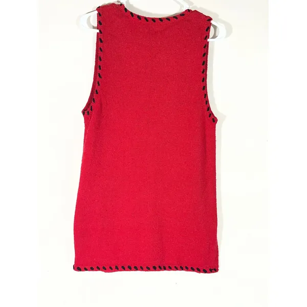 IVY Vintage Beaded Knit Sweater Vest Womens M Red Floral Whipstitch V-Neck Artsy - Image 2
