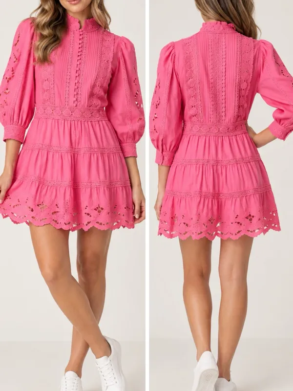 Alice + Olivia Clark Pink Embroidered Crochet Lace Tiered Mini Dress - Image 10