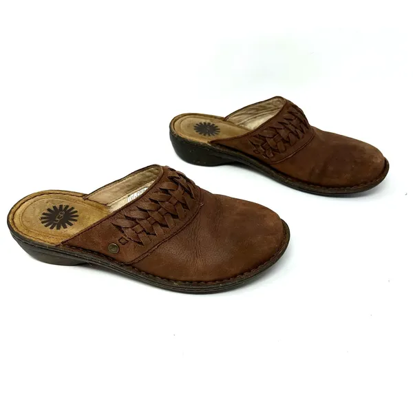 UGG Size 9 Brown Leather Clog‎ Sherpa Lined Slip On Porch Shoes Garden - Image 3