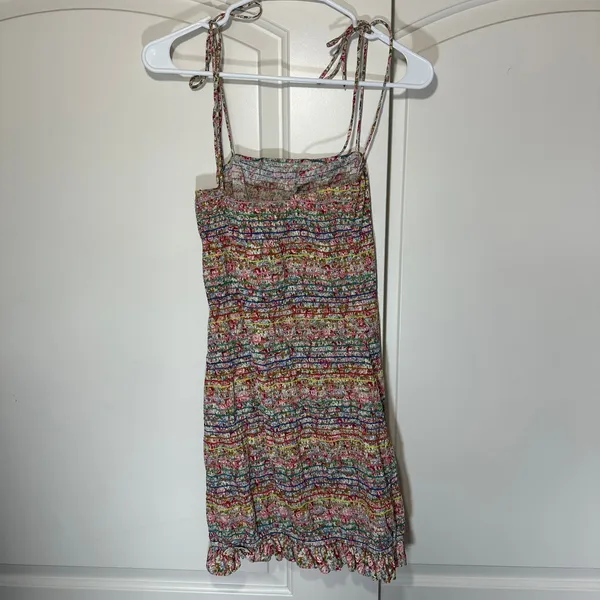 Pink Lily Floral Smocked Mini Dress Small Tie Strap Ruffle Hem‎ Cotton Sundress - Image 3