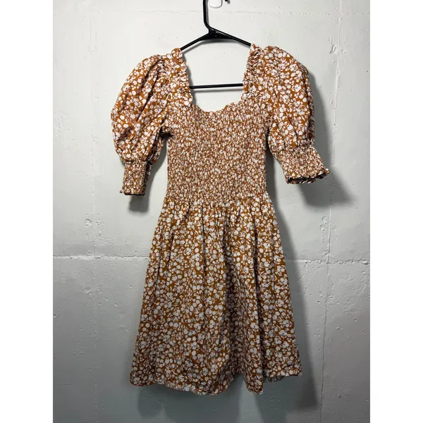 1.STATE Womens Size XS brown floral print mini dress puff sleeves smocked bodice - Image 8