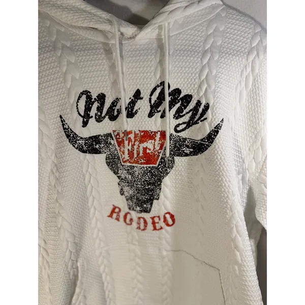 Not My First Rodeo White Cable Knit Textured Graphic Hoodie Bull Western 2XL - Image 2