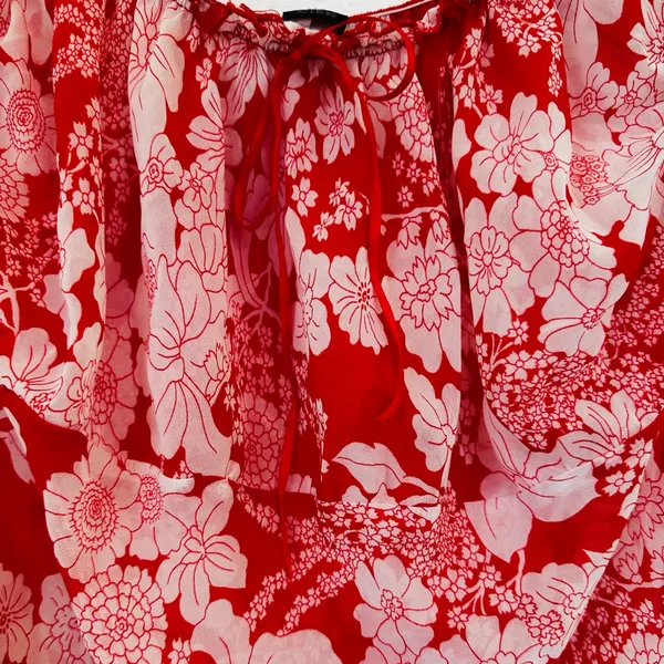 Vintage Y2K Babydoll Top Milkmaid Red Floral Ruffle Bow Fairy Coquette Size L - Image 3