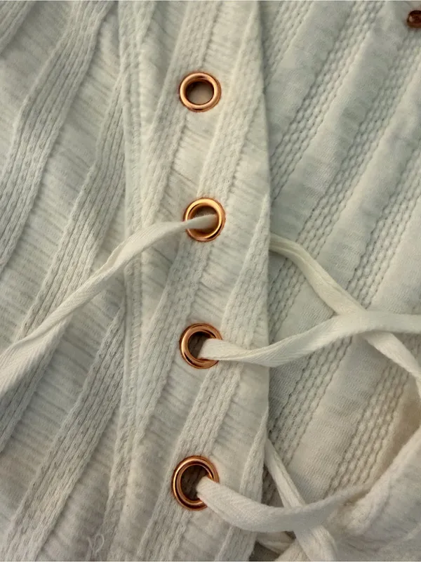 Free People Ice Cold Lace Up Ribbed Top Ivory White Copper Grommets Size S - Image 3
