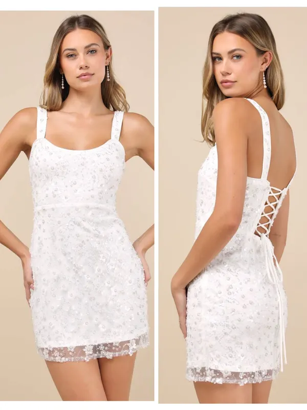 Lulus Dazzling Forever White Sequin Beaded Bodycon Mini Dress Size Medium Bridal - Image 2