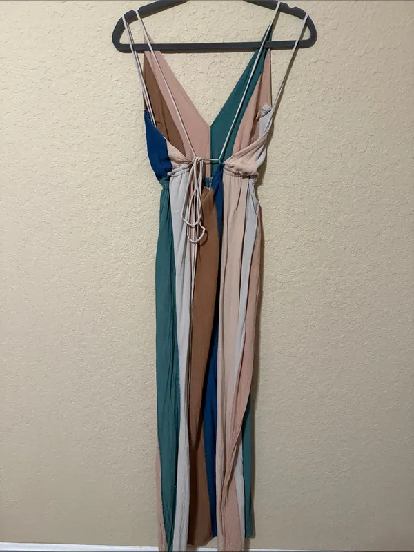 Indah Striped V-Neck Maxi Dress in Teal, Navy, Beige and Cream - Image 2