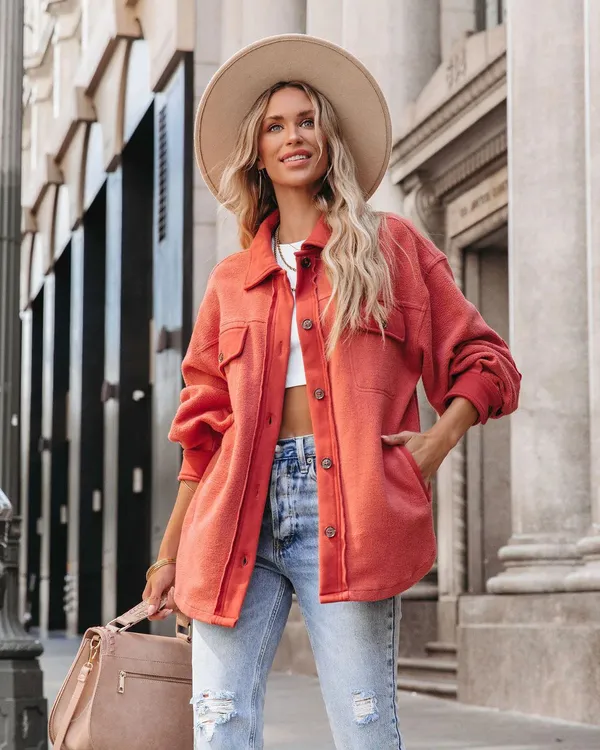 VICI NEW -TANAN POCKETED BUTTON DOWN FLEECE SHACKET - RUST - Image 2