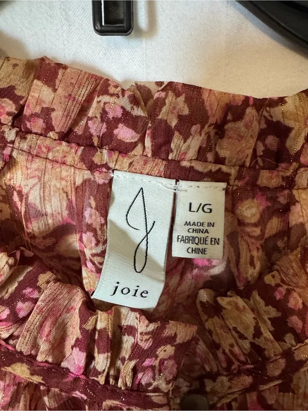 Joie Burgundy Pink Floral Lurex Smocked Blouse Size Large - Image 3