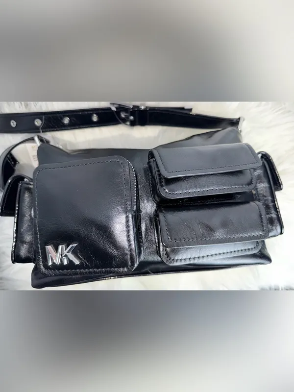 Michael Kors Black Leather Messenger Bag with Front Pocket Details - Image 8