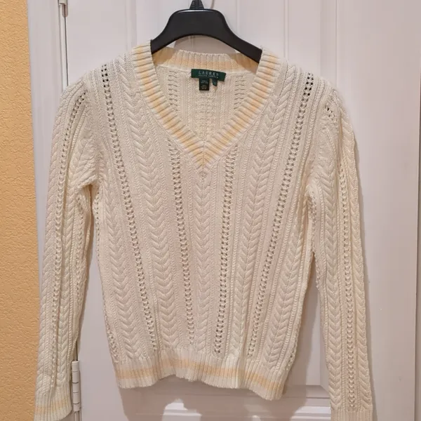 Lauren Ralph Lauren v-neck cable knit M cream, peach large, 100% cotton - Image 2