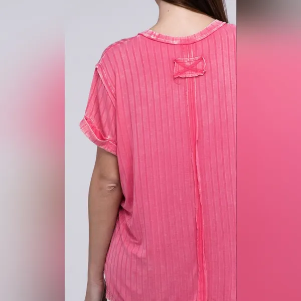 Zenana ribbed boat Neck Distressed raglan top Coral L/XL - Image 6