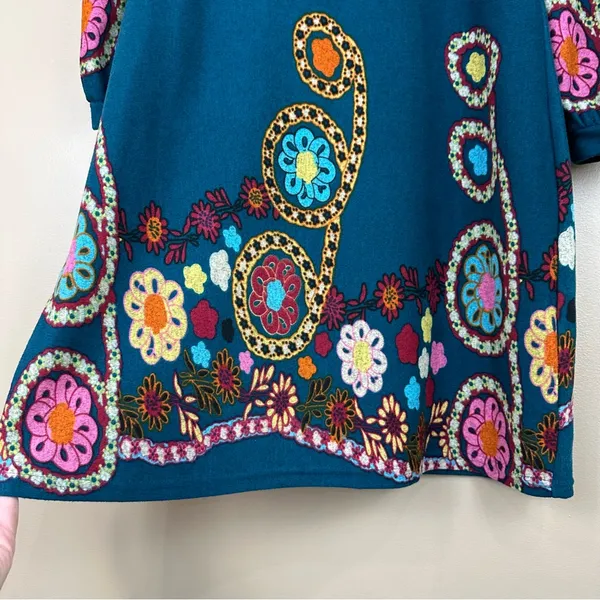 Aryeh Teal Floral Knit Sweater Babydoll Dress Small Colorful Flower Power Retro - Image 3