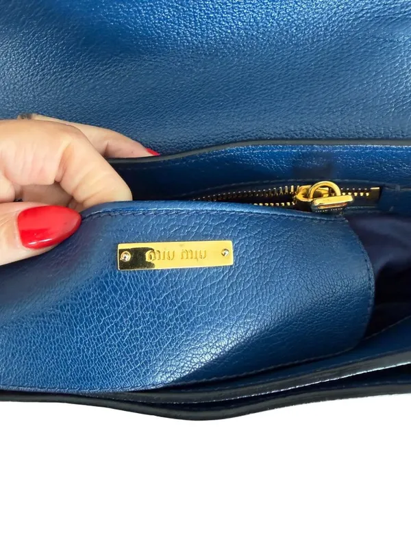 MIU MIU Blue Leather Madras Two Tone Chain Crossbody Bag - Image 2