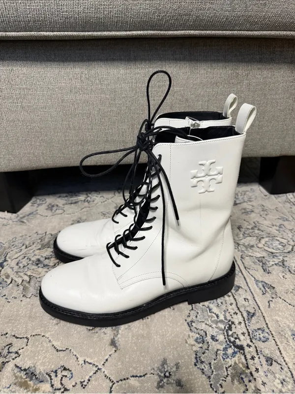 Tory Burch Double-T Combat Boot White Leather - Image 6